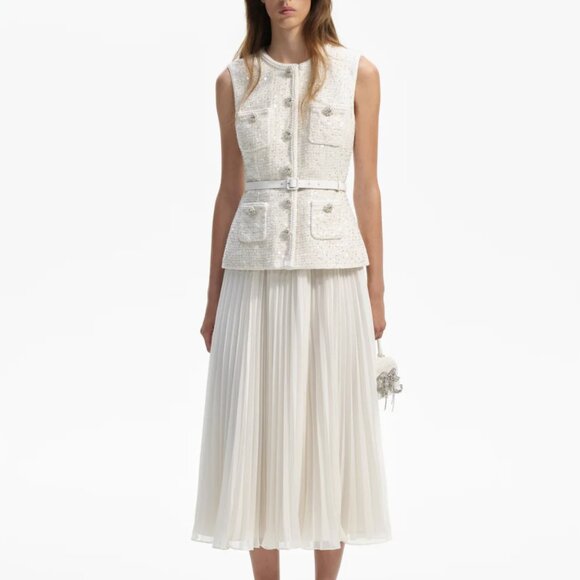 Self Portrait Cream Sequin Boucle Tailored Midi Dress - Picture 1 of 12